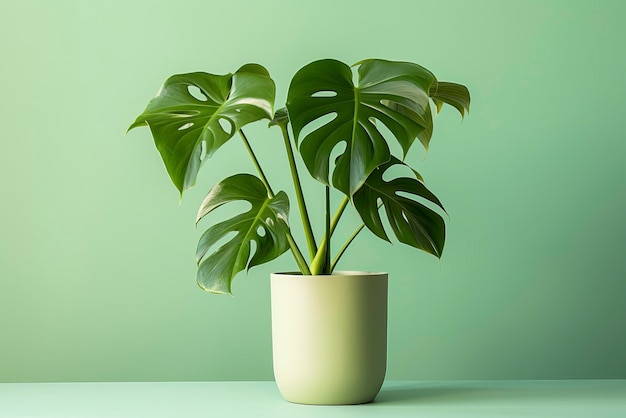Photo monstera deliciosa in a green flower pot against a light green backdrop following minimalist