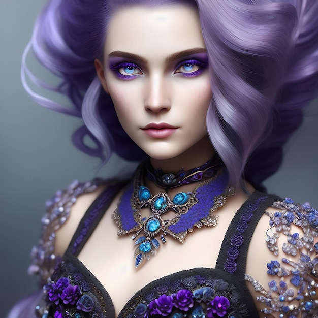 Модель с фиолетовыми волосами, фиолетовыми волосами и синими бусами.