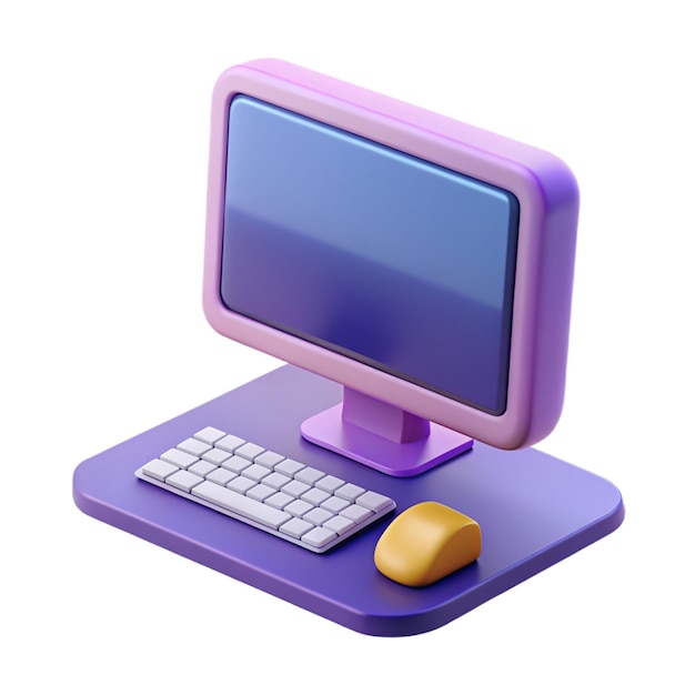 Фото Современный компьютерный монитор с клавиатурой шаблон экрана настольного компьютера реалистичный дизайн в стиле мультфильма 3d изолирован на фиолетовом фоне векторная иллюстрация