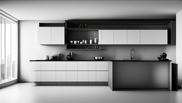 Современный интерьер кухни дома с современной мебелью 3d иллюстрации
