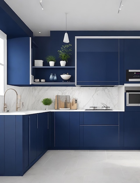 Photo modern style kitchen interior design with dark blue wall3d rendering