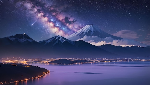 사진 아름다운 보라색 은하 하늘 배경과 함께 산과 호수 풍경