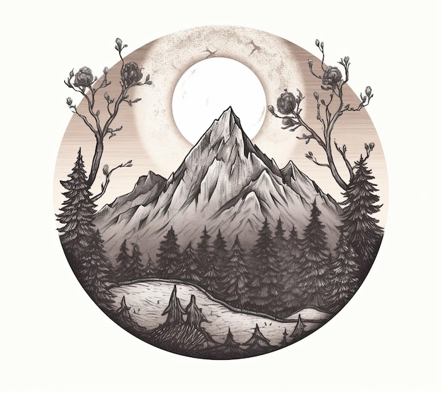 Photo mountain landscape in a round frame hand drawn vector illustration
