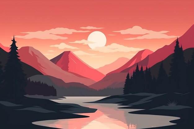 Фото Закат горной реки ландшафтная векторная иллюстрация