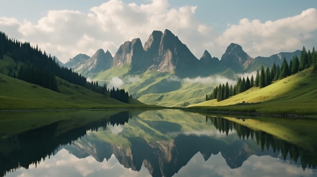 Фото Горы отражаются в озере с несколькими деревьями на стороне генеративного ии