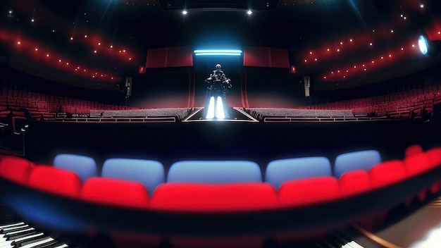 Кинотеатр с красным сиденьем и мужчина в маске, стоящий посреди зала.