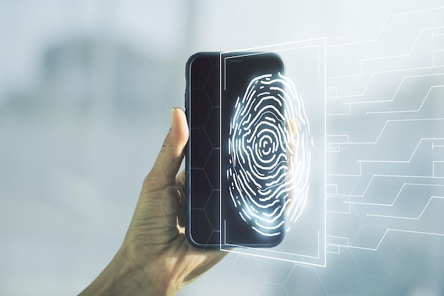 Фото Мультиэкспозиция креативной голограммы отпечатков пальцев и руки с мобильным телефоном на фоне концепции личных биометрических данных