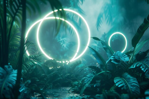 Photo neon circles in dark tropical jungle