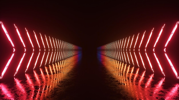 Photo neon luminous lines alternately light up and form a corridor on a dark background red orange green