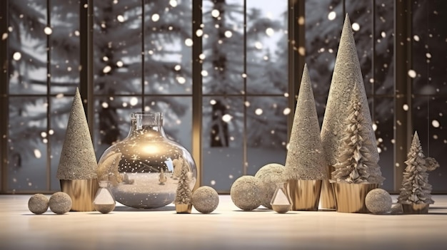 Фото Новый год или рождество интерьер гостиной в минималистском стиле рождественская елка камин диван и большое окно