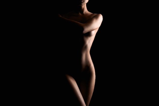 Фото Силуэт обнаженной женщины в темноте. красивое обнаженное тело девушки.