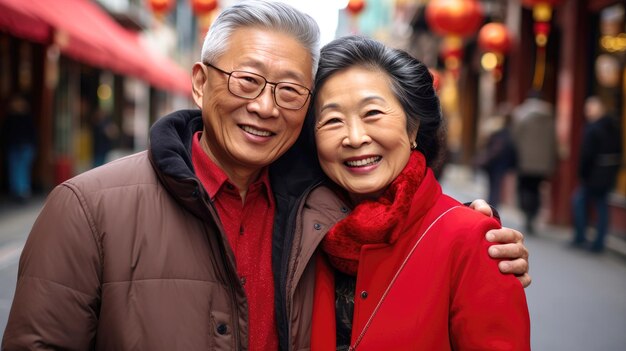 Foto vecchia coppia con abiti tradizionali cinesi che festeggiano il capodanno cinese