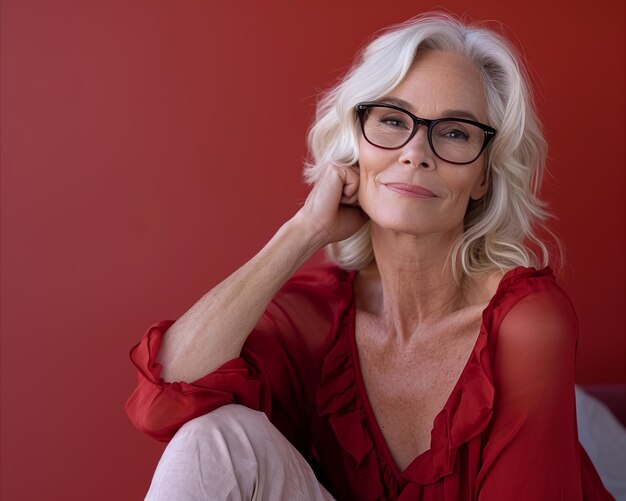 Photo an older woman with glasses sitting on a red couch