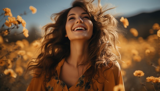 Photo one young woman smiling enjoying nature beauty and freedom generated by ai