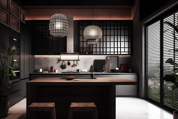 Photo oriental style kitchen interior in luxury house