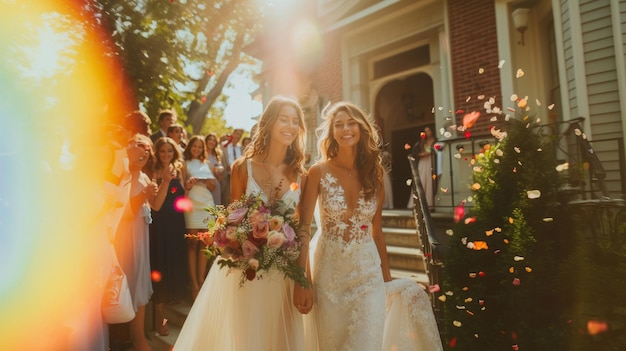 Откровенный снимок двух женских лесбийских ЛГБТ-невест, спускающихся по лестнице во время свадебной церемонии