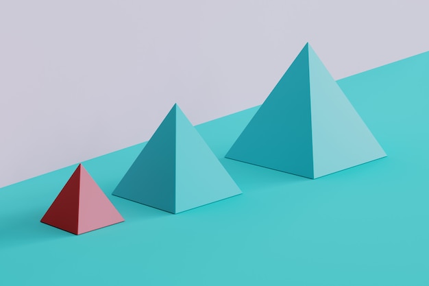 Выдающиеся розовые квадратные пирамиды и синие пирамиды на синем и фиолетовом фоне. идея минимальной концепции