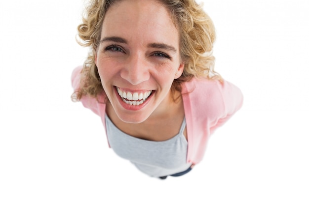 Photo overhead of cheerful woman standing