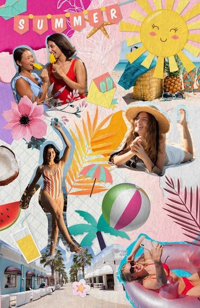Photo overloaded collage with summertime essentials and people