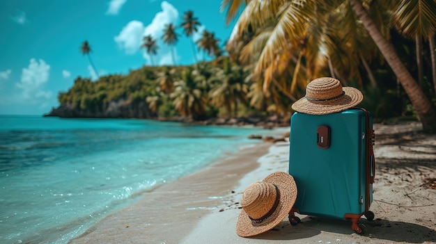 Фото Панорамный вид на морское побережье с чемоданами с соломенной шляпой на песчаном пляже