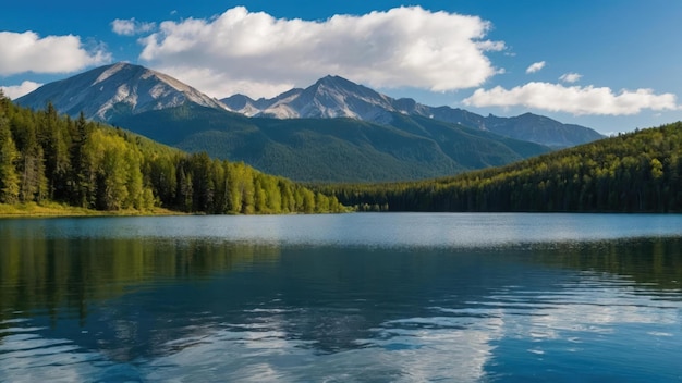 Фото Панорамный вид на спокойное озеро с горами и лесом