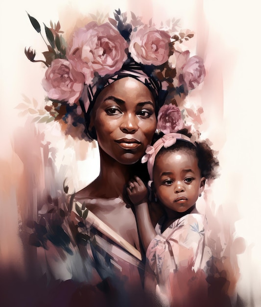 Картина женщины и младенца с цветами на голове