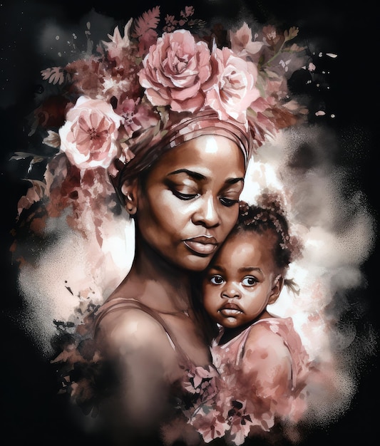 Картина женщины с младенцем на руках и цветами.