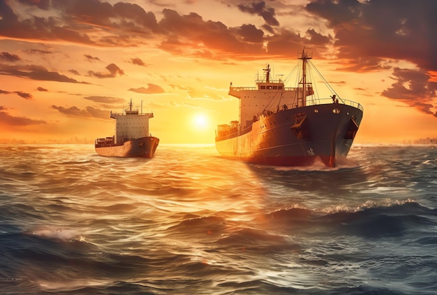 Картина корабля в океане на фоне заката.