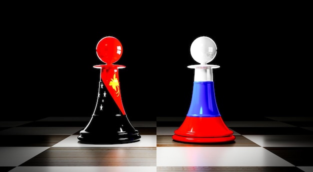 Фото Отношения папуа-новой гвинеи и россии шахматные пешки с национальными флагами 3d иллюстрация