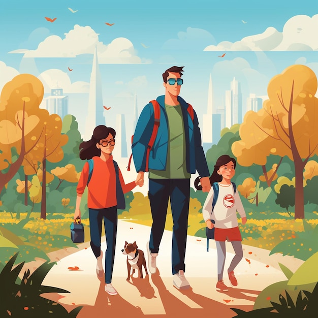 사진 도시 공원에서 함께 고 있는 부모와 어린 아이들 아버지, 어머니와 아이들이 함께 서 있는 부모, 큰 가족 개념의 초상화