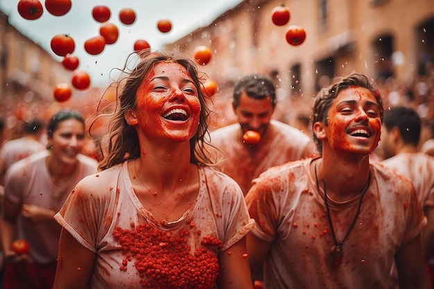 Люди с радостью бросают помидоры на фестивале La Tomatina
