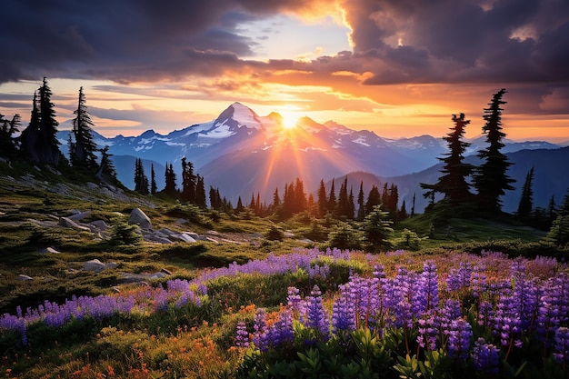 Фото Мирный пейзаж диких цветов под вечерним солнцем золотой час фоновые обои
