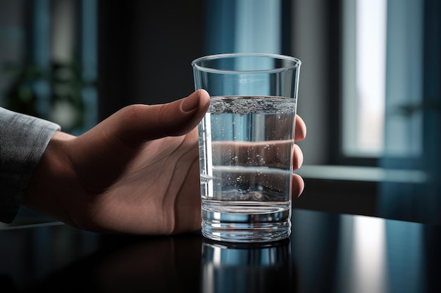 Человек, держащий стакан воды на столе