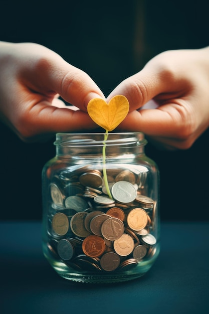 Photo a person is putting coins into a jar with a heart on top