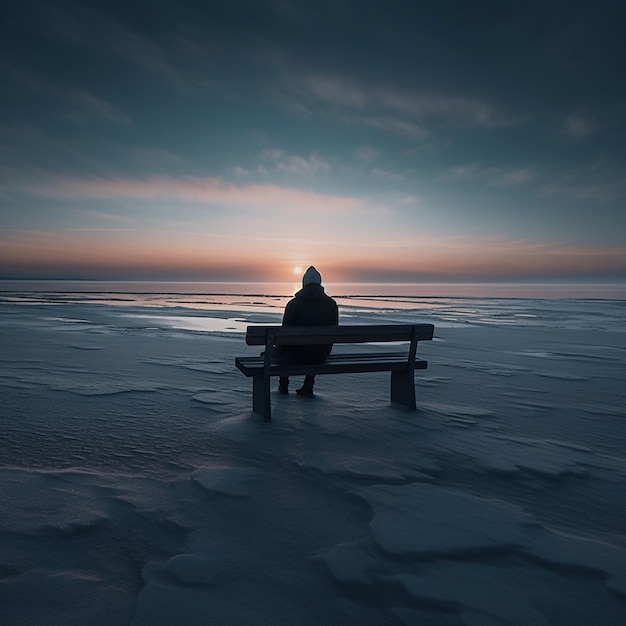 Foto una persona seduta su una panchina nella neve che guarda il sole