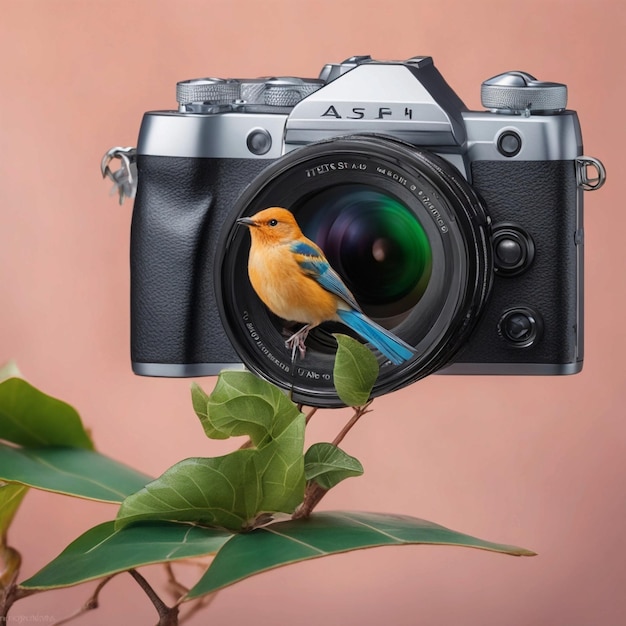 Фото На фото есть птица, сидящая на камере с генератором листьев.