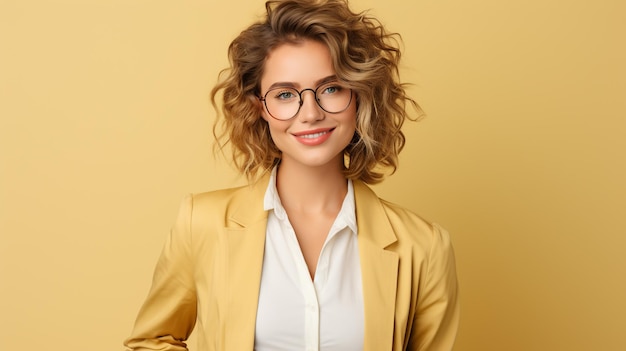 Фотография крупным планом портрет стильной брюнетки в очках смеющейся и улыбающейся, созданная AI