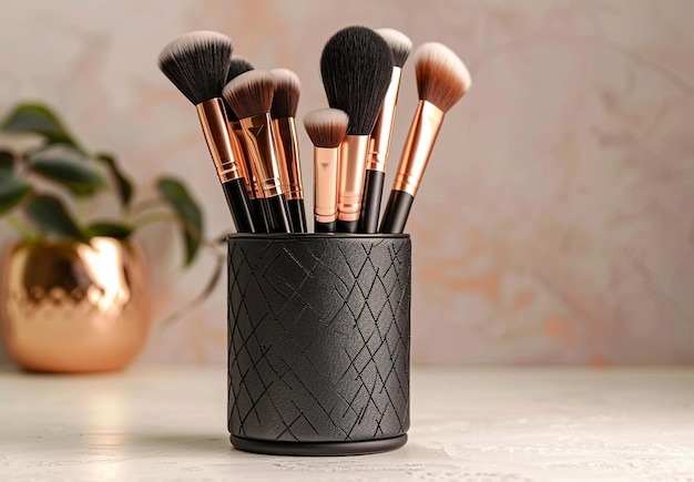 Photo photo of a glass of makeup brushes with different colors and backgrounds