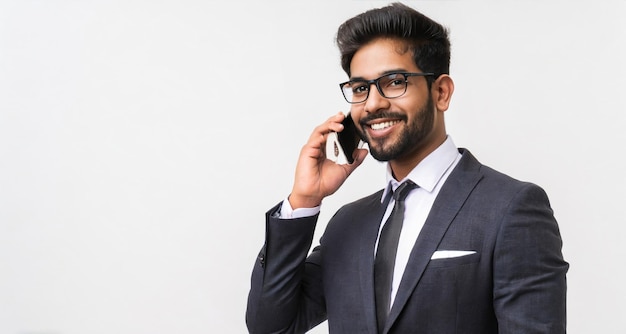 Фото молодого индийского бизнесмена, разговаривающего по мобильному телефону на белой стене