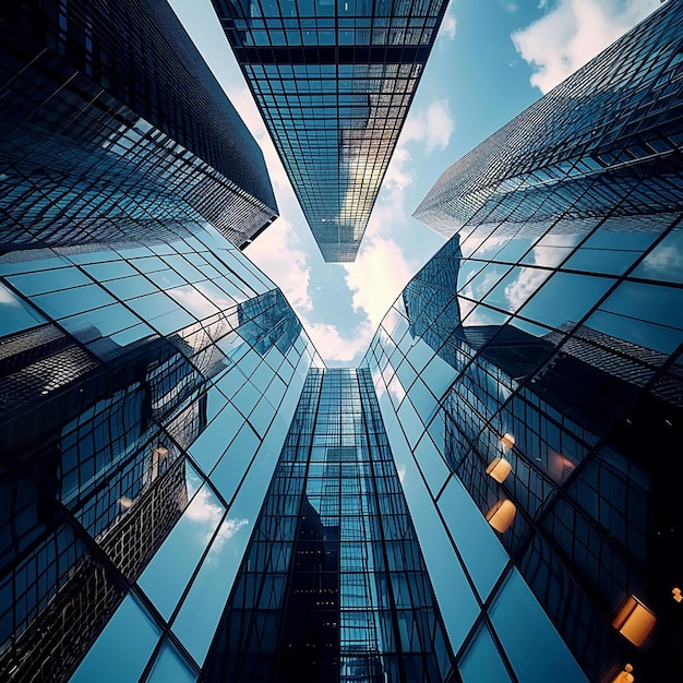 Фото Фото современных деловых зданий в финансовом районе с вертикальным низкоугольным снимком и пейзажем