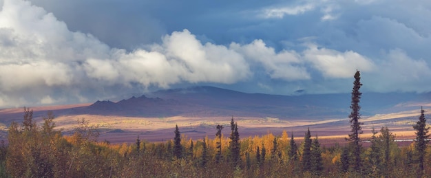 Фото Живописные горы аляски осенью, покрытые снегом массивы, ледники и скалистые вершины, апельсиновые деревья красивый природный фон