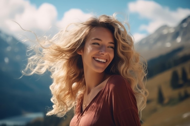 Portrait of young beautiful laughing blonde woman with curly hair in the mountains