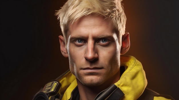 Photo portrait of a young man with blond hair in a yellow jacket