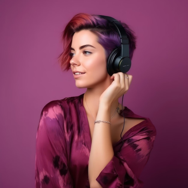 Портрет привлекательной молодой женщины, наслаждающейся музыкой на розово-фиолетовом фоне