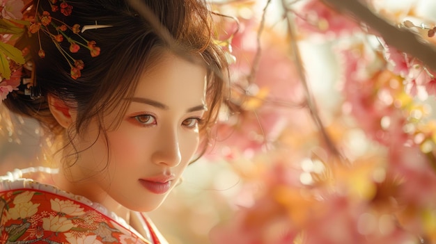 Photo portrait of a beautiful asian woman in traditional japanese kimono with pink cherry blossoms in the background