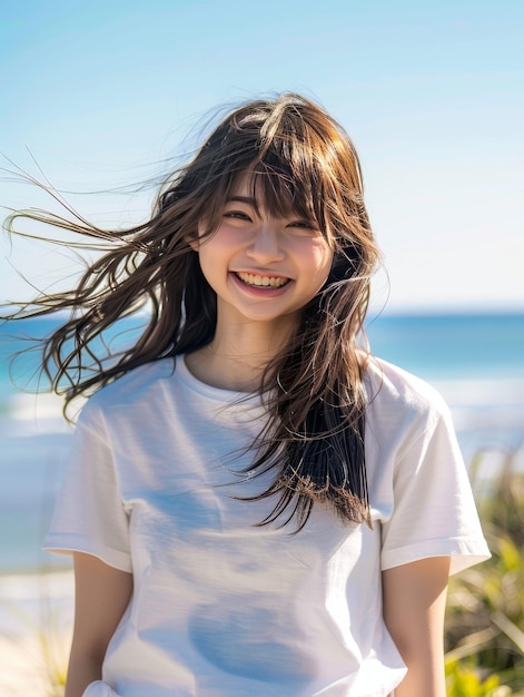 Photo portrait of a beautiful young asian woman smiling on the beach