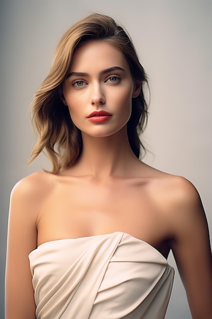 Photo portrait of a beautiful young woman in elegant fashion dress