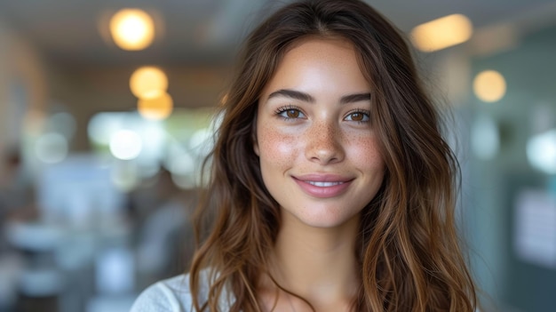 Photo portrait of a beautiful young woman smiling at the camera in a restaurant generative ai