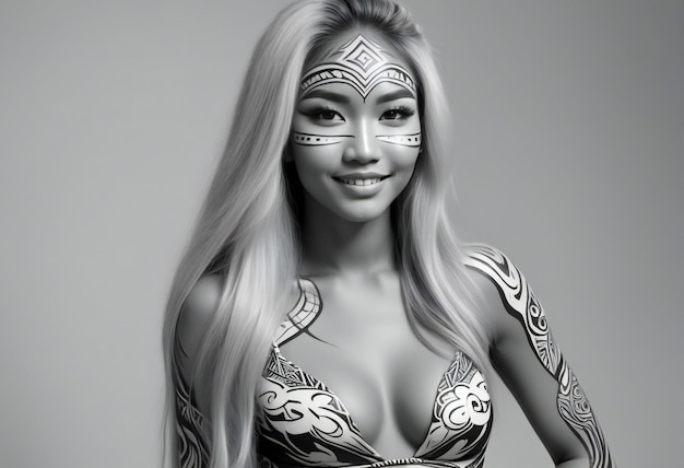 Photo portrait of a beautiful young woman with bodyart on her face