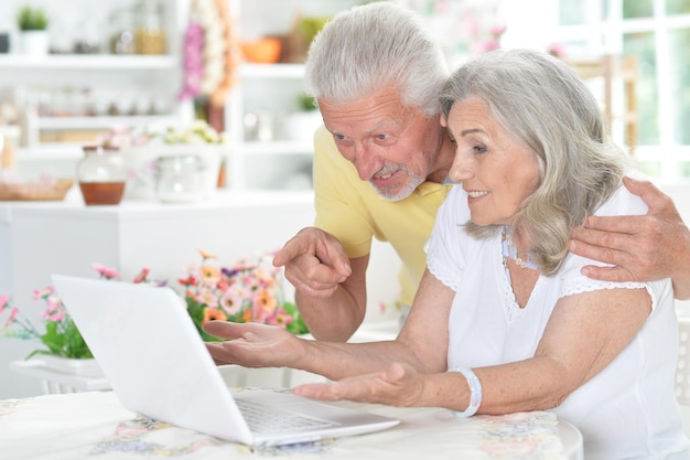 Portrait of happy senior couple using laptop